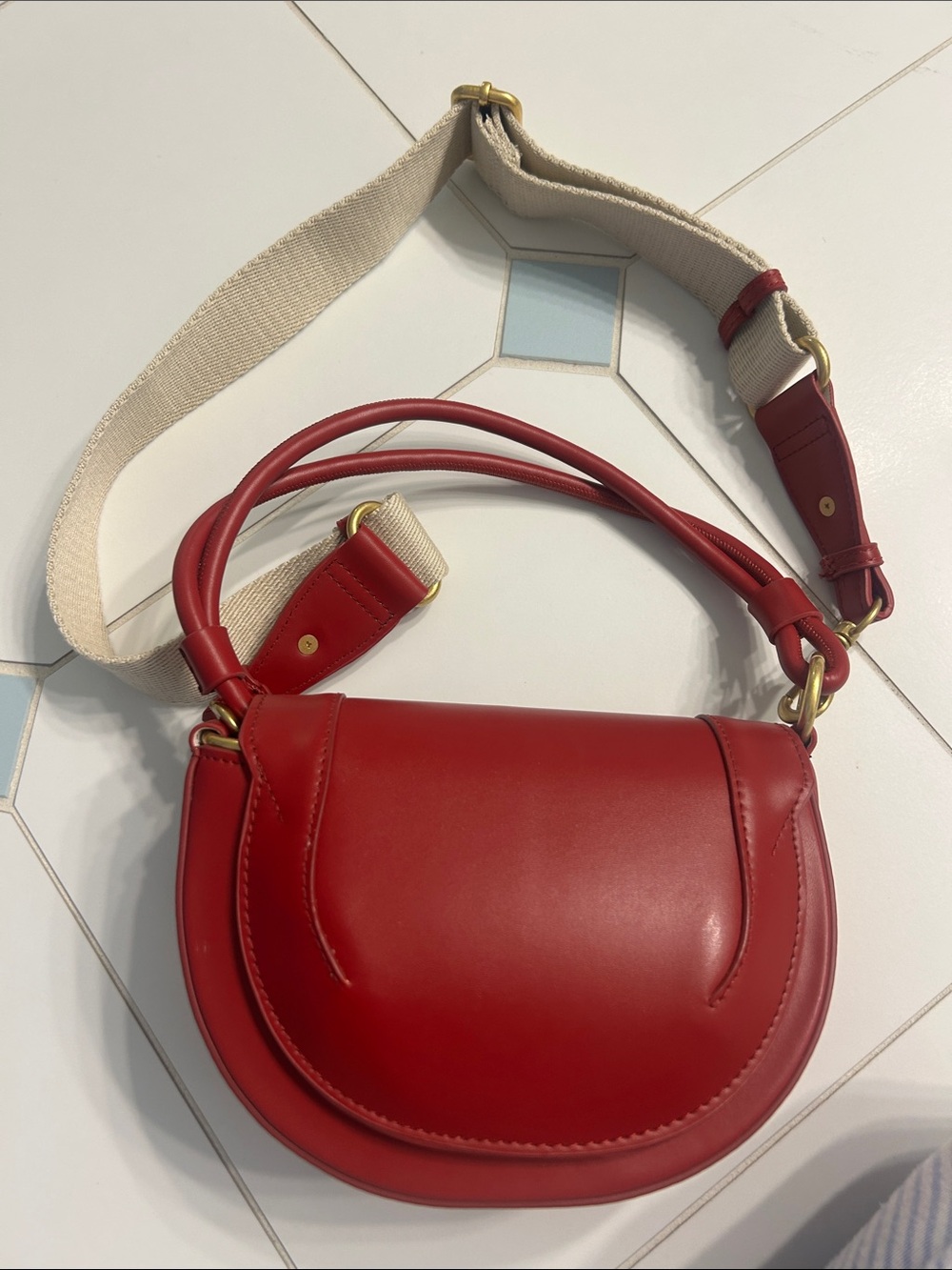 Zara Red Leather Crossbody Saddle Bag with Cream Strap